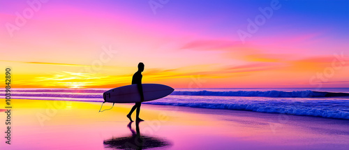 the silhouette of a surfer on the beach on a vacation day, summer landscape, generative AI