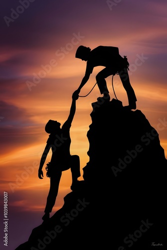 Silhouette at sunset of two people reaching the top of a mountain