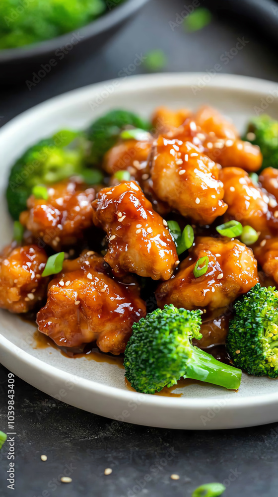 A side view of a plate of General Tso s chicken, with crispy battered chicken coated in a sweet, sticky sauce, served with steamed broccoli A side view of a plate of General Tso s chicken, with crispy battered chicken coated in a sweet, sticky sauce, served with steamed broccoli