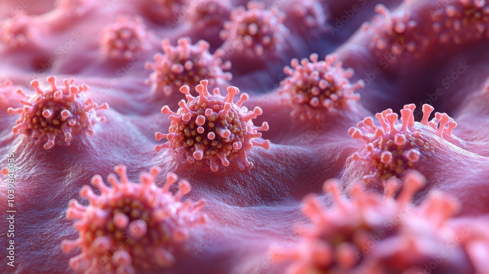 2410 64.Detailed 3D rendering of monkeypox lesions on human skin, with clusters of raised, fluid-filled blisters. The inflamed, red skin surrounding the lesions highlights the contagious nature of 2410 64.Detailed 3D rendering of monkeypox lesions on human skin, with clusters of raised, fluid-filled blisters. The inflamed, red skin surrounding the lesions highlights the contagious nature of