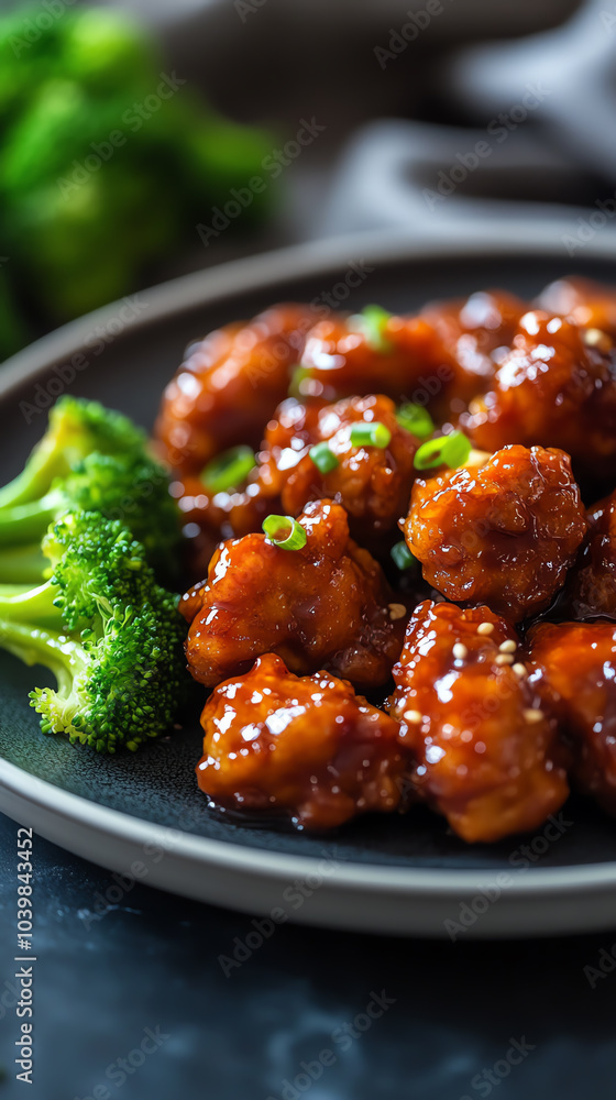 A side view of a plate of General Tso s chicken, with crispy battered chicken coated in a sweet, sticky sauce, served with steamed broccoli A side view of a plate of General Tso s chicken, with crispy battered chicken coated in a sweet, sticky sauce, served with steamed broccoli