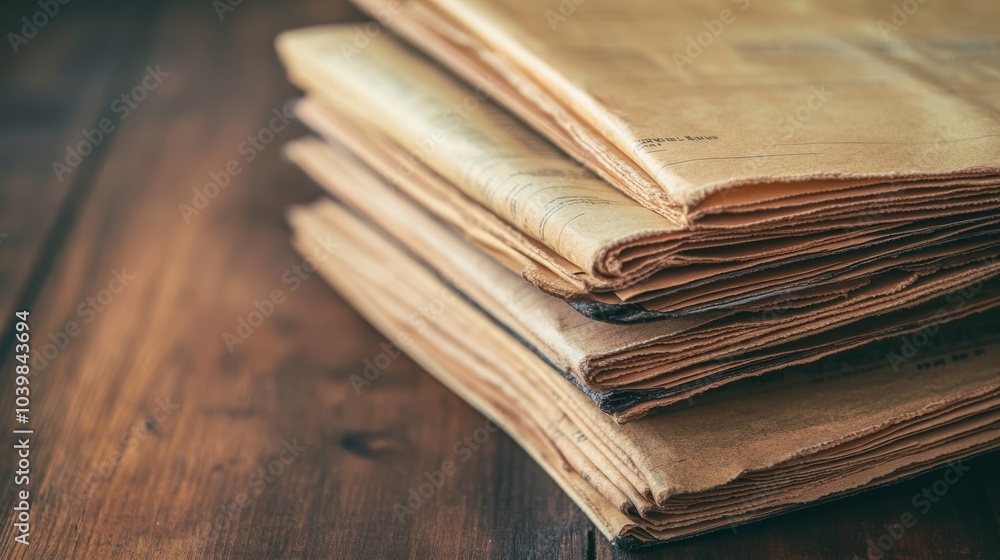 2410 101.A close-up of several newspapers stacked on a wooden table, their folded pages forming a detailed pattern. The slightly worn edges of the papers suggest repeated handling, adding a sense of 2410 101.A close-up of several newspapers stacked on a wooden table, their folded pages forming a detailed pattern. The slightly worn edges of the papers suggest repeated handling, adding a sense of
