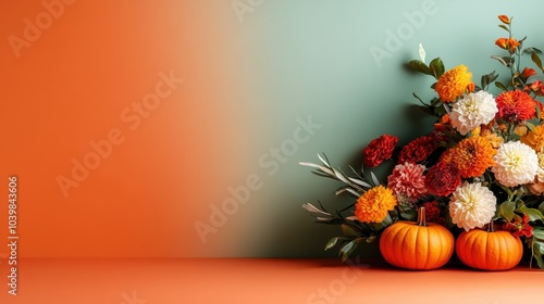 A vibrant display of colorful flowers and pumpkins on a soft gradient background, representing the beauty and richness of the autumn season in a decorative style. photo