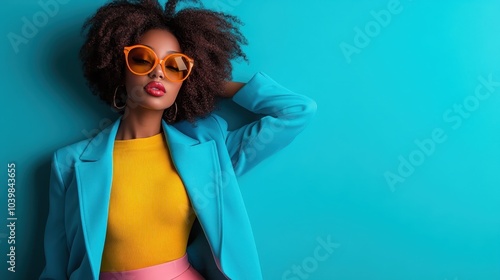 A trendy woman poses in colorful attire, exuding style and confidence. Her vibrant accessories, including oversized sunglasses, reflect contemporary fashion trends. photo