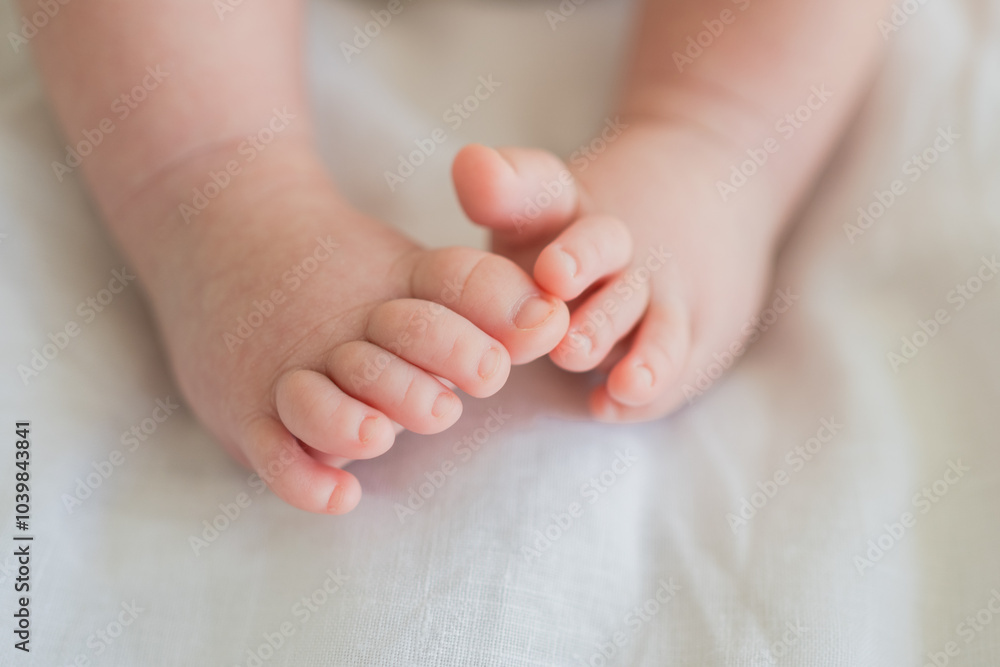 Tiny newborn infant baby feet and toes on white background. Soft newborn baby foot legs under the white blanket. Close up of infant barefeet. Maternity tenderness parenthood birthday. Happy Family Tiny newborn infant baby feet and toes on white background. Soft newborn baby foot legs under the white blanket. Close up of infant barefeet. Maternity tenderness parenthood birthday. Happy Family