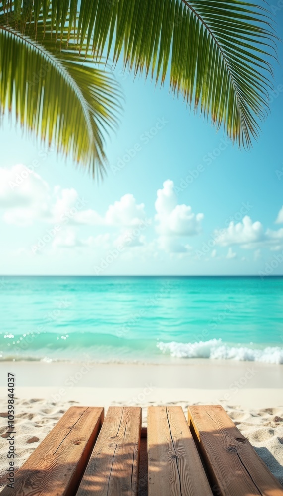 Fototapeta premium A serene beach scene with calm turquoise waters and a palm-fringed wooden deck, perfect for evoking tranquility and relaxation in travel or wellness themes.