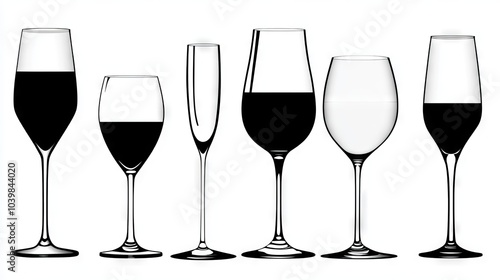 Wallpaper Mural 2410 126.Black silhouettes of various glassware types, arranged neatly on a white background. The clean, crisp shapes of the glasses are distinctly visible, ranging from champagne flutes to tumblers, Torontodigital.ca