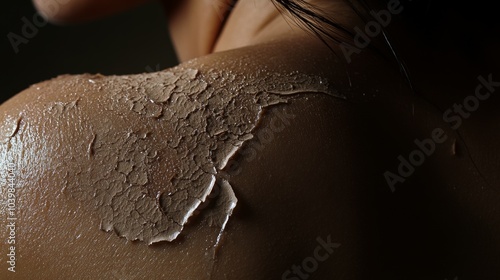 2410 16.Close-up of a womanâ€™s shoulder with peeling skin, revealing the dry, flaky texture from dehydration. The cracked skin and flaky patches are visible, emphasizing the effects of dehydration on