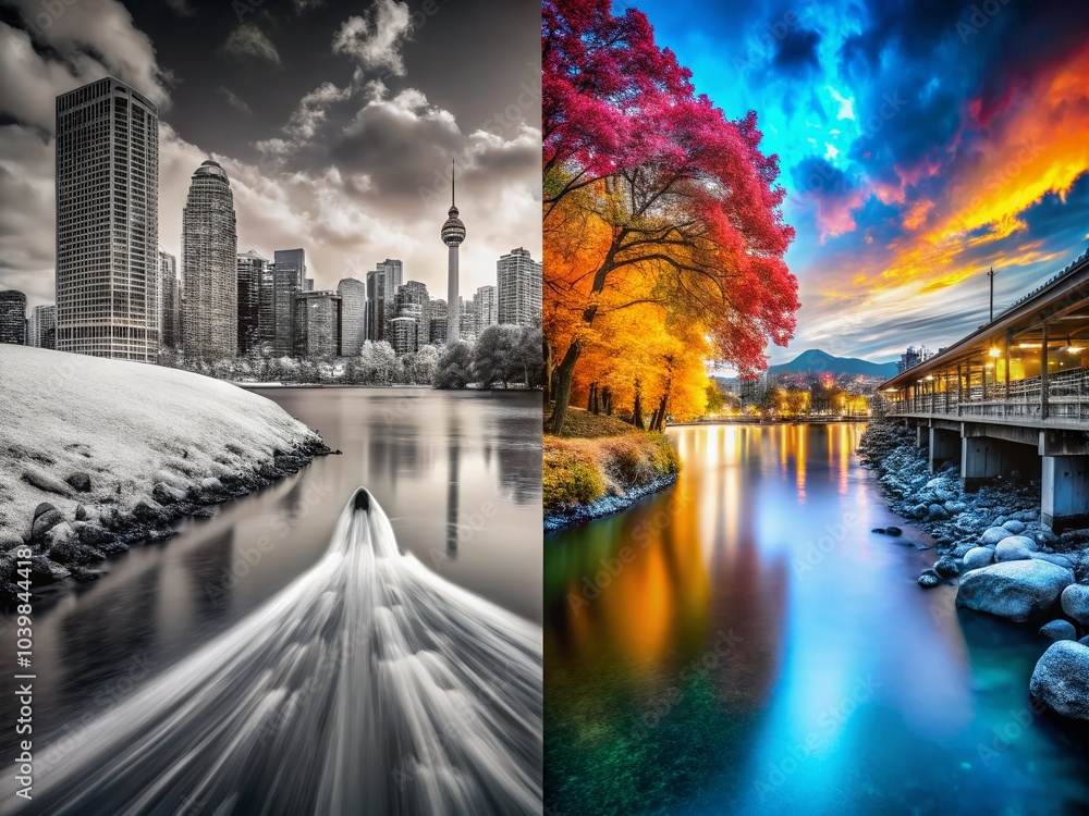 Fototapeta premium Black and White vs. Color: A Long Exposure Exploration of Picture Colorizing Concepts
