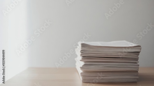 2410 71.A tidy stack of newspapers placed on a modern office desk, with the white background providing a minimalist contrast. The newspapers are crisp and neatly folded, with subtle shadows creating