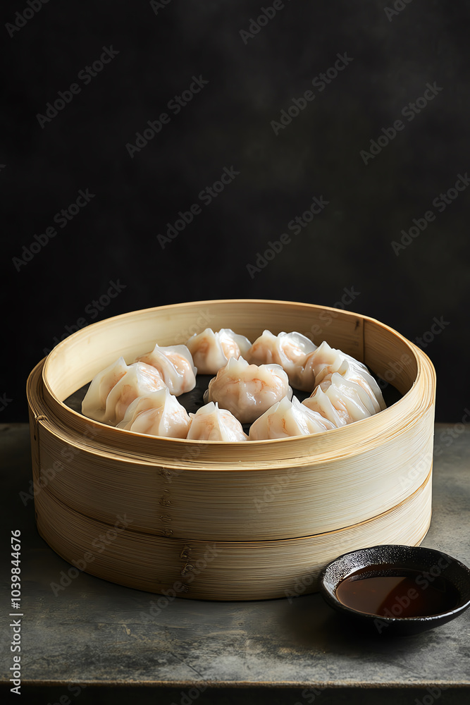 A front view of a bamboo steamer basket filled with steamed shrimp dumplings har gow, with a dipping sauce on the side A front view of a bamboo steamer basket filled with steamed shrimp dumplings har gow, with a dipping sauce on the side