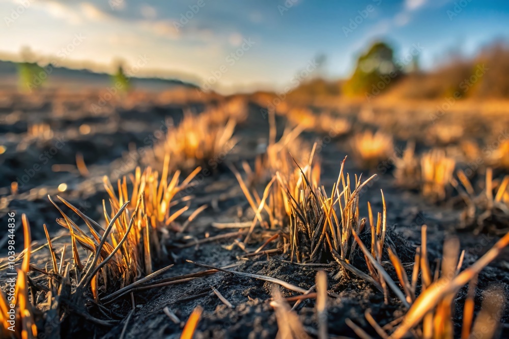 Fototapeta premium Black Burned Grass Texture in Field After Fire - Nature's Resilience Captured