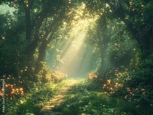 magical enchanted forest scene, featuring towering fairytale trees with luminescent leaves and lush underbrush, a whimsical atmosphere enhanced by dappled sunlight filtering through the canopy