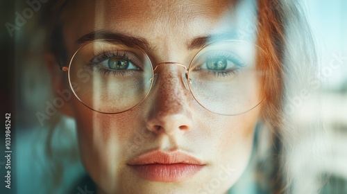 A stunning close-up of a woman's eyes, framed by stylish round glasses. The image captures a keen sense of mystery and allure behind the glass lens reflection. photo