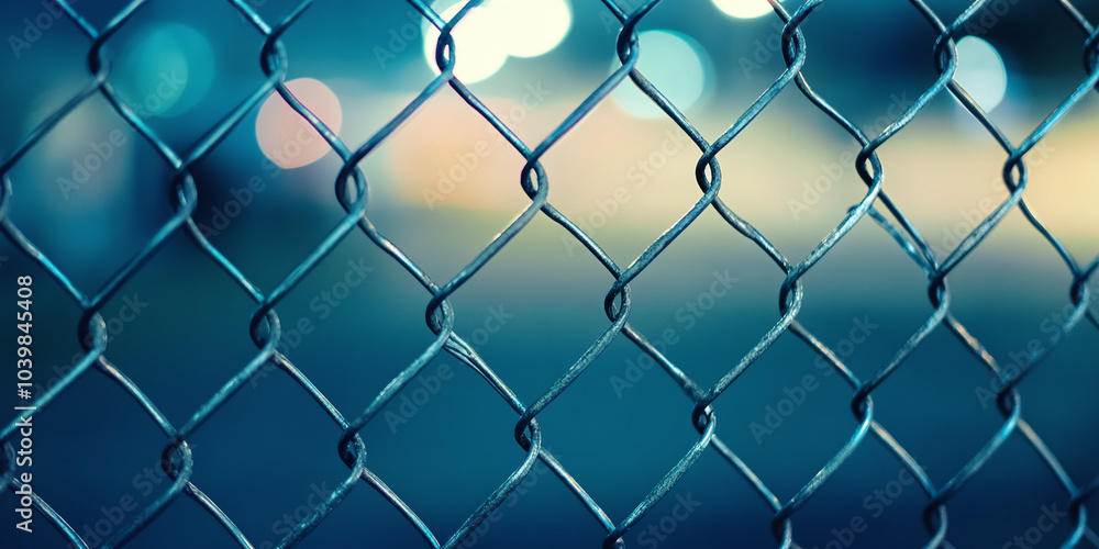 Fototapeta premium Simple chain-link fence at dusk in an industrial park, highlighting the security and utilitarian design of modern metal barriers with blurred lights in the background
