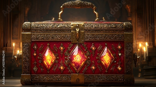 Lavishly Decorated Jewelry Casket with Glowing Crystalline Runes and Flickering Candlelight in Classical Realist Oil Painting Style photo