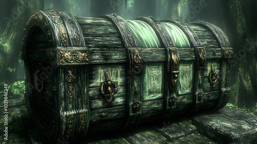 Enchanted Oaken Chest with Eldritch Glyphs in Misty Enchanted Forest