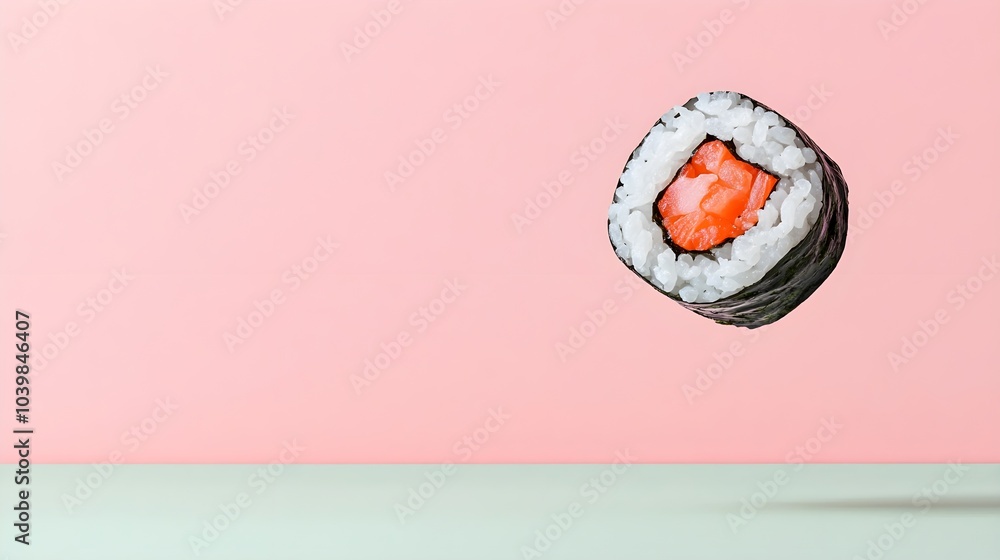 Floating sushi roll against a pastel background Floating sushi roll against a pastel background