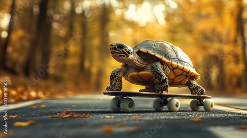 turtle ridding skate on the road 