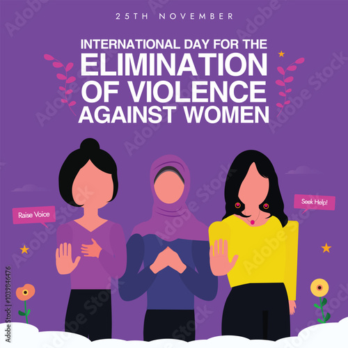 International day for the elimination of violence against Women. 25th November Elimination of violence against women awareness banner with three females of different ethnic. Gender biased violence.