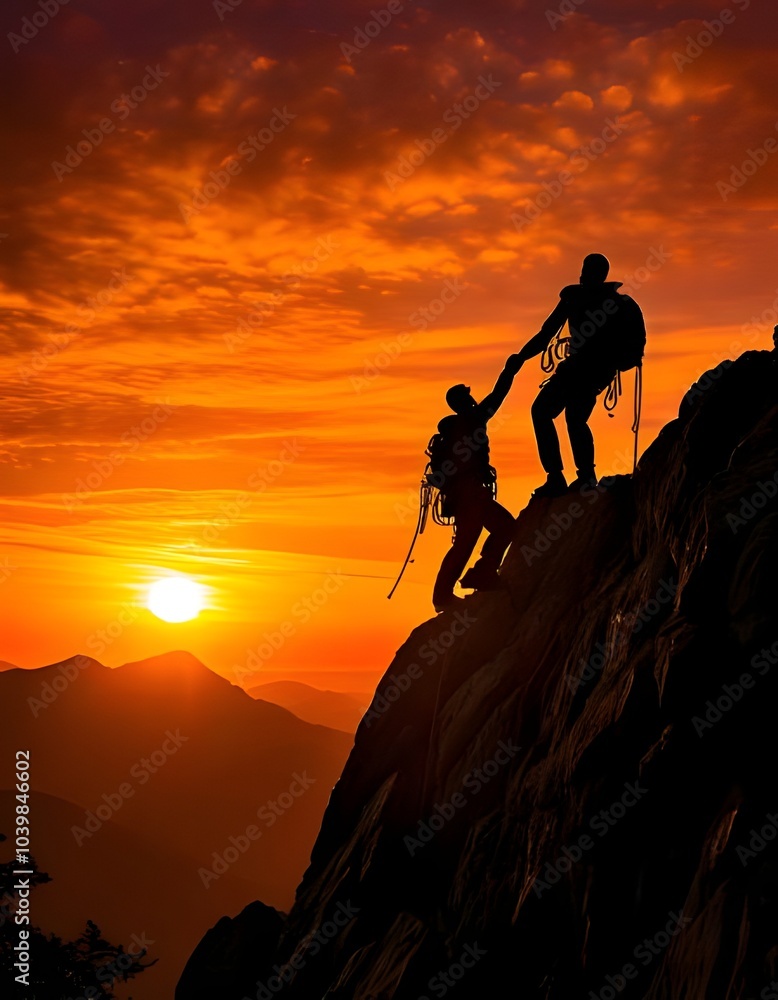 Silhouette at sunset of two people reaching the top of a mountain Silhouette at sunset of two people reaching the top of a mountain
