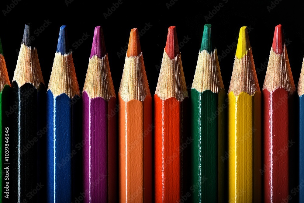 A row of sharpened colored pencils A row of sharpened colored pencils
