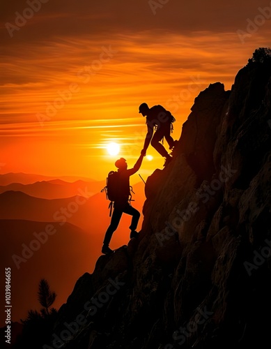 Silhouette at sunset of two people reaching the top of a mountain
