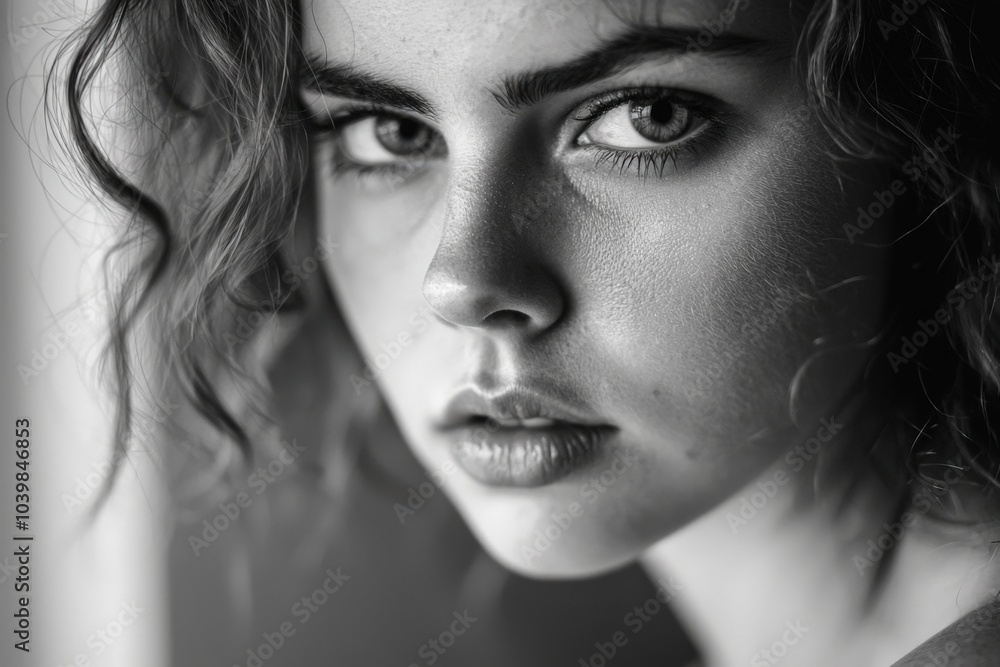 Fototapeta premium Intense gaze of a young woman with curly hair in black and white, capturing raw emotion indoors