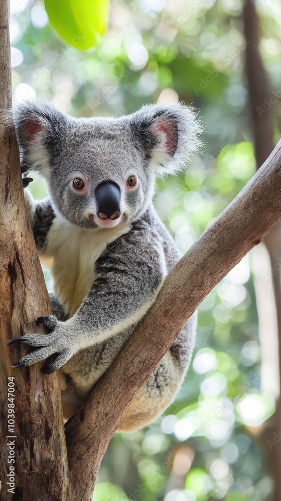 Fototapeta premium A playful koala clings to a eucalyptus tree in an Australian forest during daylight