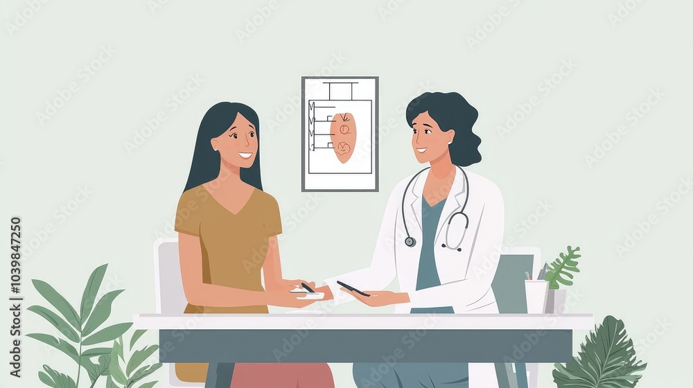 A doctor is talking to a patient in a doctor's office. The doctor is holding a pen and a clipboard while the patient is smiling. There is a plant on the table and a poster on the wall. A doctor is talking to a patient in a doctor's office. The doctor is holding a pen and a clipboard while the patient is smiling. There is a plant on the table and a poster on the wall.