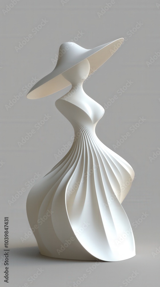 Beautifully crafted white sculpture of a woman in a flowing dress with a wide-brim hat Beautifully crafted white sculpture of a woman in a flowing dress with a wide-brim hat