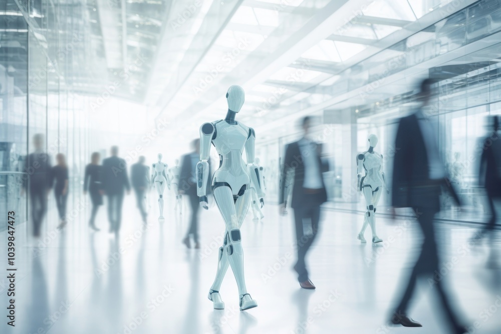 Blurred robots walking in futuristic building technology mannequin adult. Blurred robots walking in futuristic building technology mannequin adult.