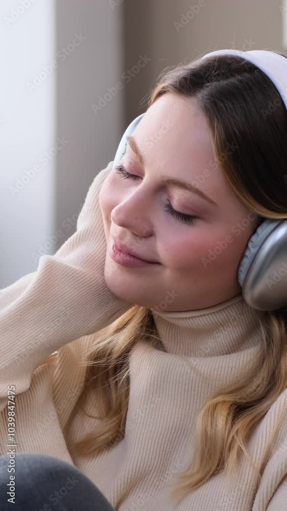 Portrait of a pleased Caucasian young adult woman listening music at home. Concept of a refreshment and satisfaction. Vertical video. Portrait of a pleased Caucasian young adult woman listening music at home. Concept of a refreshment and satisfaction. Vertical video.