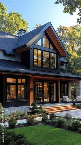 a detailed exterior view showcasing picture windows and vinyl siding capturing architectural beauty and modern home design in a bright inviting atmosphere