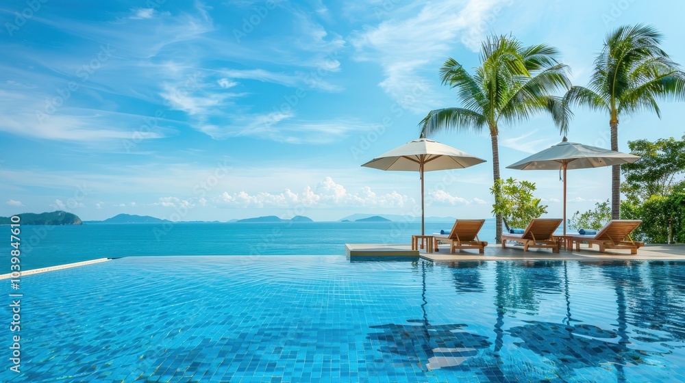 Serene Poolside Terrace with Clear Water and Sunbeds Serene Poolside Terrace with Clear Water and Sunbeds