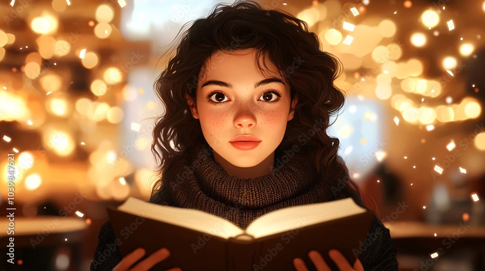 A young girl with curly hair gazes intently at an open book, surrounded by glowing lights, evoking a sense of wonder and imagination. A young girl with curly hair gazes intently at an open book, surrounded by glowing lights, evoking a sense of wonder and imagination.