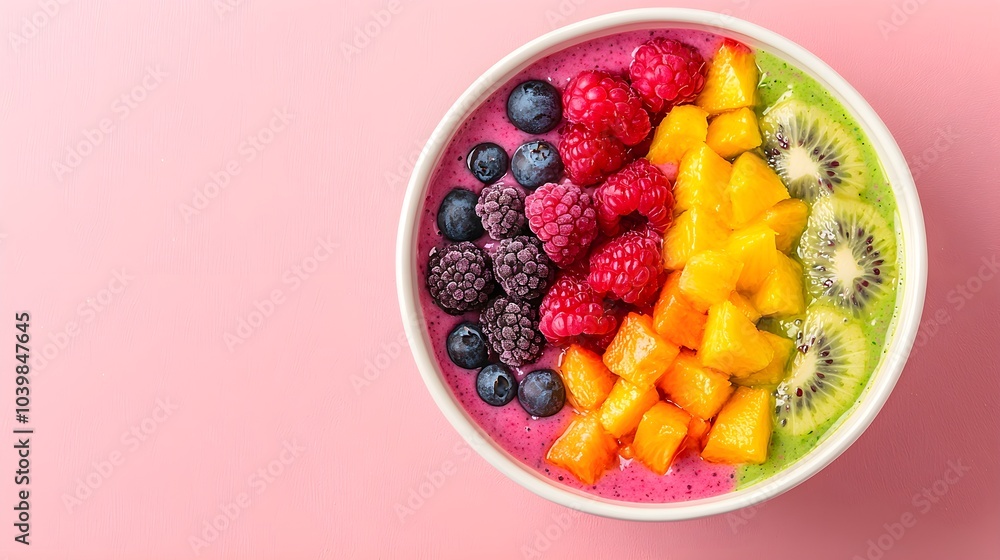 Colorful smoothie bowl topped with fresh fruits Colorful smoothie bowl topped with fresh fruits