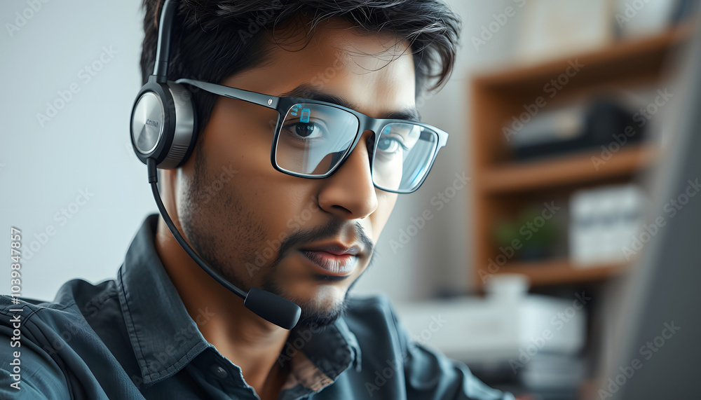 Close-up of a South Asian trader working from home, wearing glasses and a headset with screen reflections. Focused and concentrated expression isolated with white highlights, png Close-up of a South Asian trader working from home, wearing glasses and a headset with screen reflections. Focused and concentrated expression isolated with white highlights, png