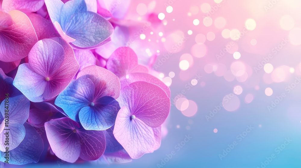Soft focus hydrangea petals in pastel hues, abstract background with gentle light bokeh, creating a dreamy floral atmosphere Soft focus hydrangea petals in pastel hues, abstract background with gentle light bokeh, creating a dreamy floral atmosphere