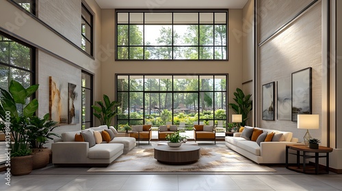 Modern hall with warm lighting, neutral colors, and floor-to-ceiling glass windows