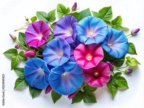 Blue and Pink Morning Glory Flowers with Green Leaves for Stunning Product Photography