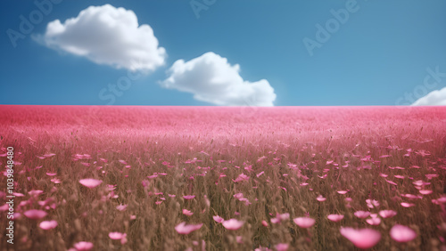 Selectice focus landscape of blooming pink flowers field against blue sky and cloudy scene background photo