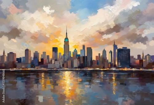 Artistic painting of skyscrapers.Abstract style.Cityscape panorama.
