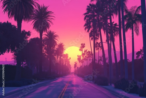 Sunset Boulevard in Los Angeles, California. Pink Sky and Palm Trees Lining the Road at Sunrise