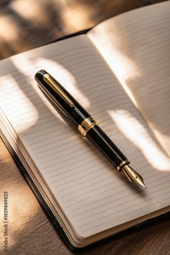 A sleek, black fountain pen with gold accents resting on an open notebook, with warm sunlight casting shadows across the desk. A sleek, black fountain pen with gold accents resting on an open notebook, with warm sunlight casting shadows across the desk.