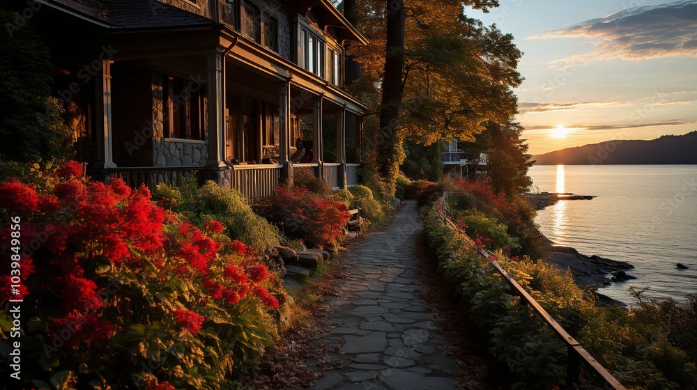 Cozy Single Story House with Thatched Roof at Sunset Cozy Single Story House with Thatched Roof at Sunset