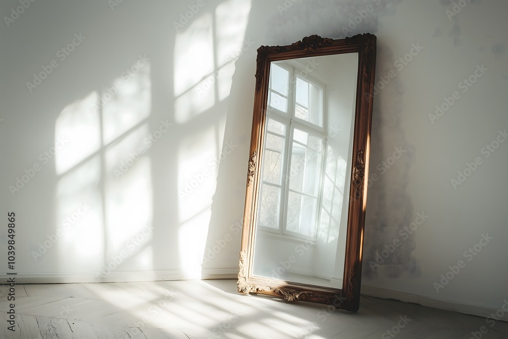 Fototapeta premium An antique mirror with a wooden frame leaning against a white wall
