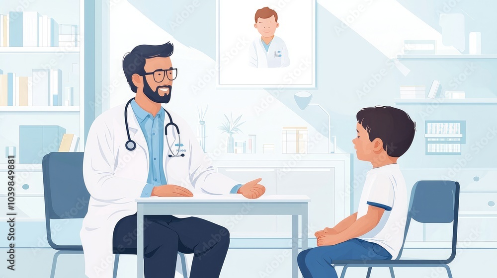 A doctor sits at a table, talking to a young boy in a doctor's office. A doctor sits at a table, talking to a young boy in a doctor's office.