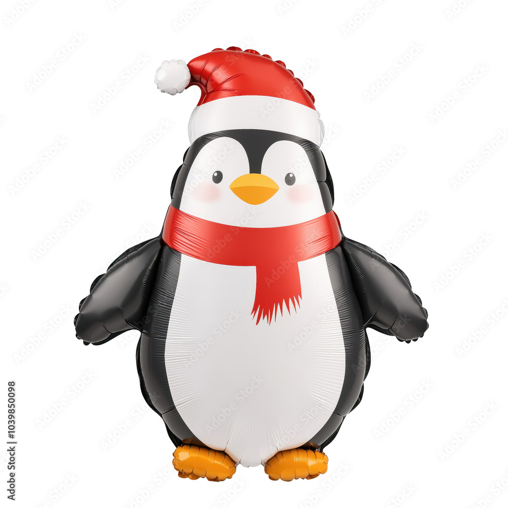 A cheerful penguin inflatable wearing a Santa hat and a red scarf, perfect for festive decorations and winter celebrations. isolated on transparent background A cheerful penguin inflatable wearing a Santa hat and a red scarf, perfect for festive decorations and winter celebrations. isolated on transparent background