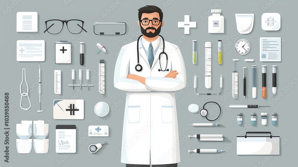 A doctor with a beard and stethoscope is standing in front of a variety of medical instruments and supplies, including syringes, pills, test tubes, bandages, and a first aid kit. A doctor with a beard and stethoscope is standing in front of a variety of medical instruments and supplies, including syringes, pills, test tubes, bandages, and a first aid kit.